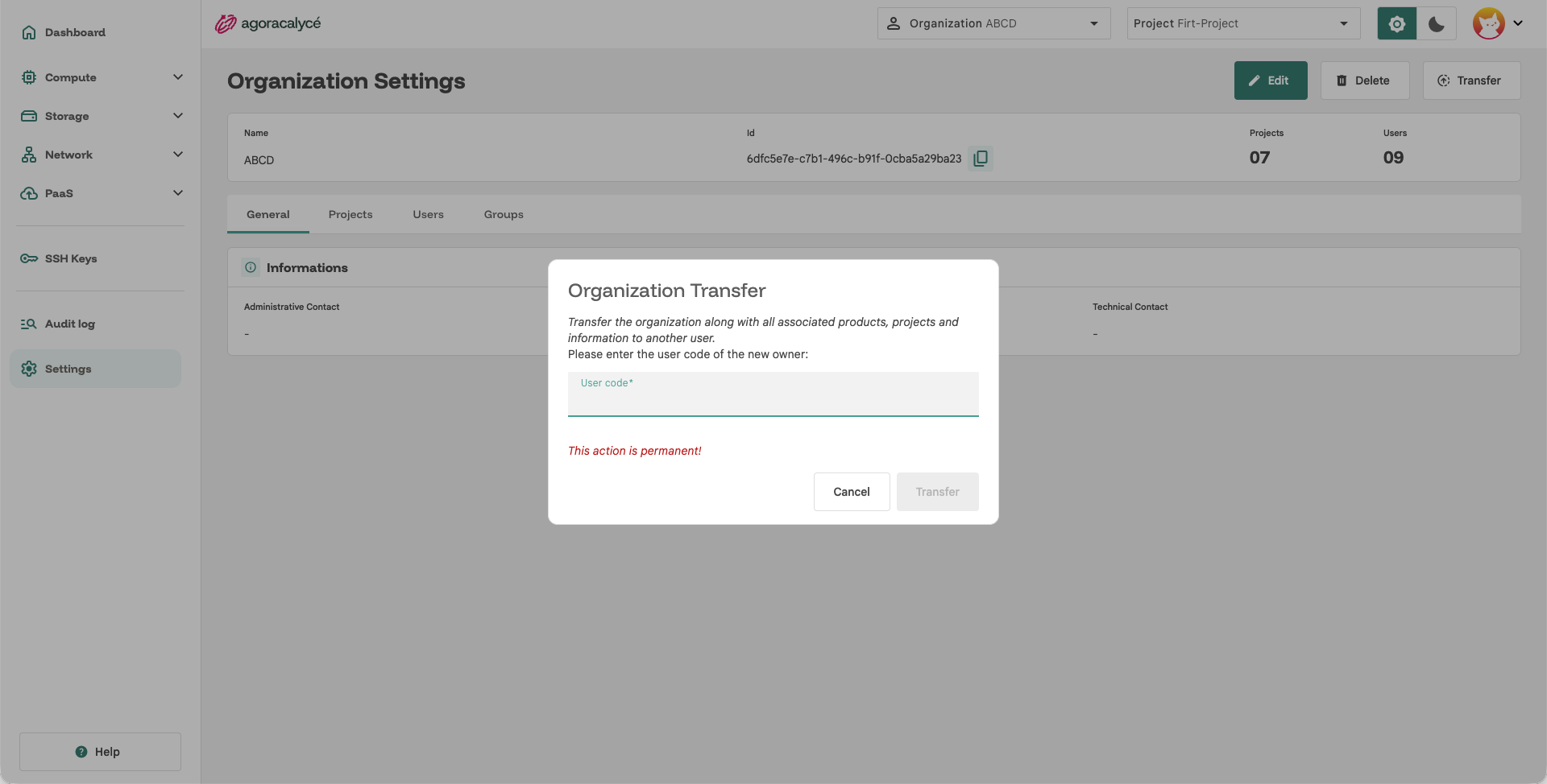 Formulaire de transfert d'organisation