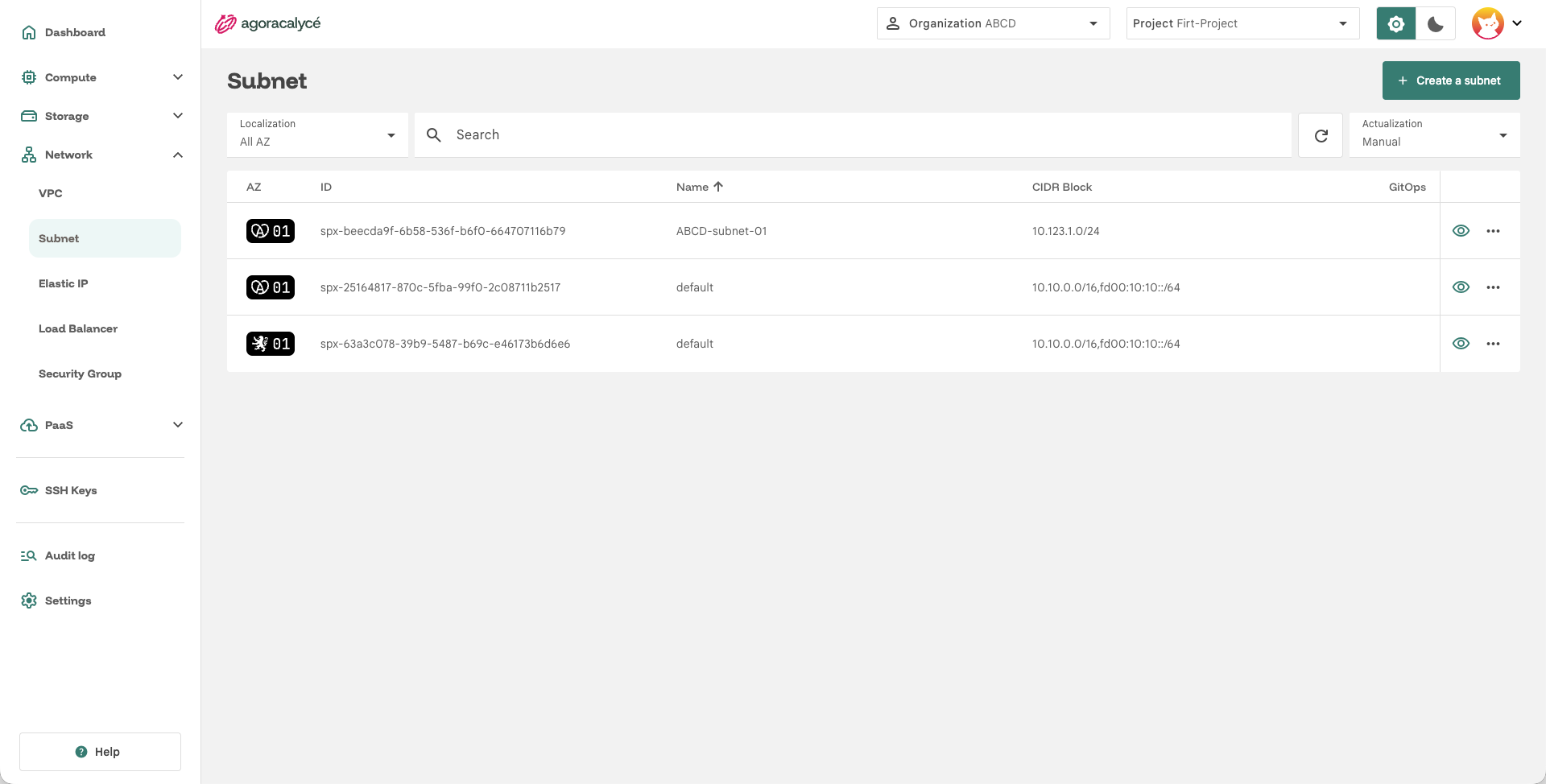 Liste des subnets