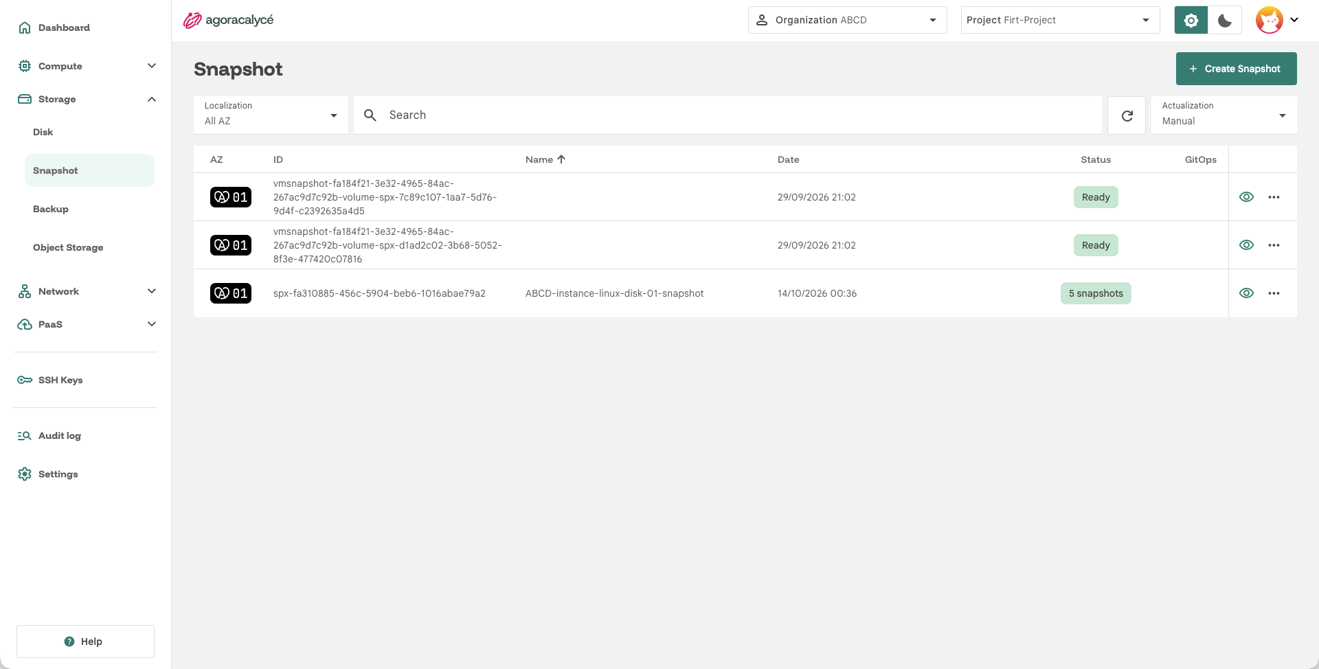Liste des snapshots de disque